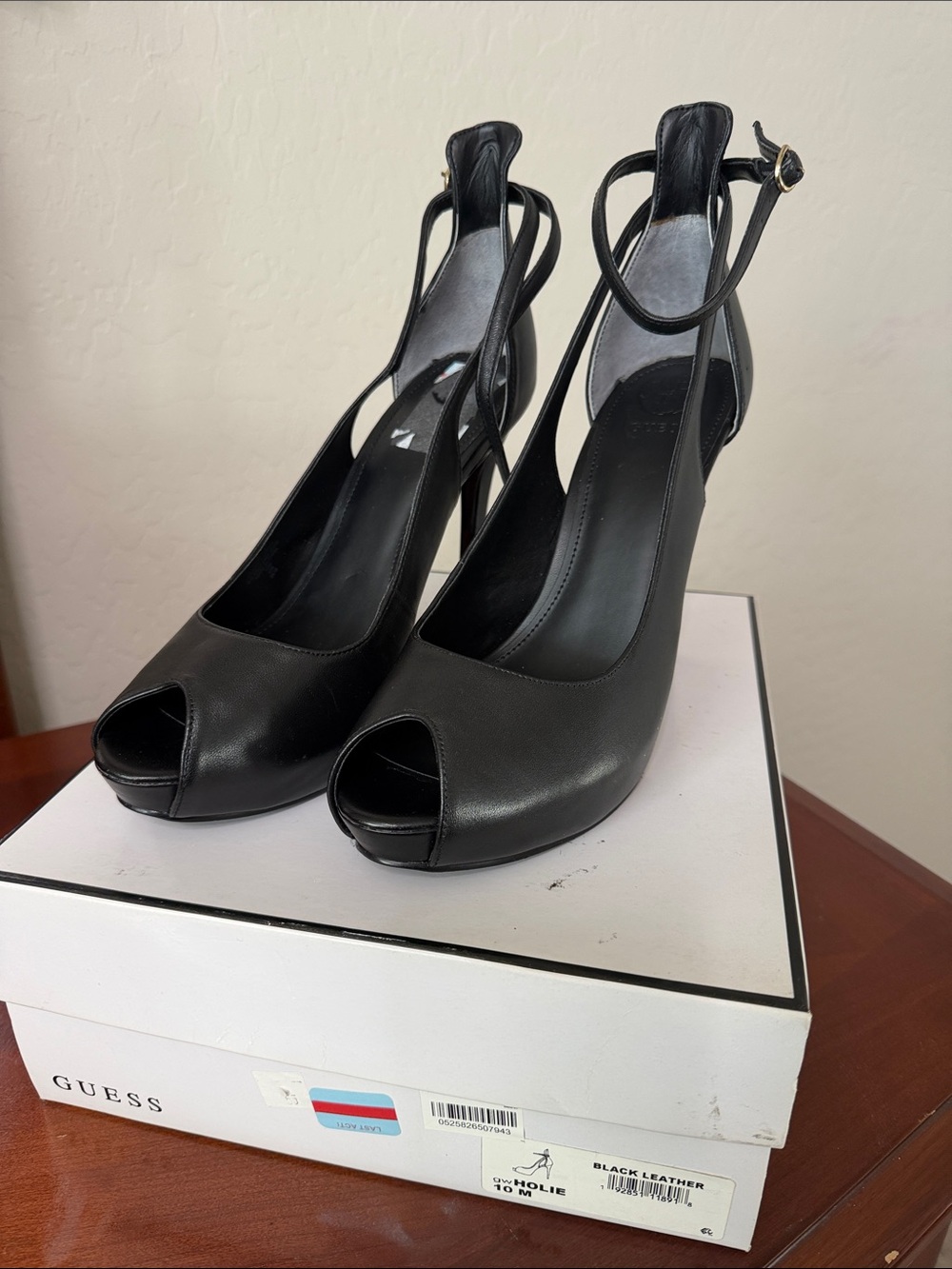 GUESS Leather Black Peep-Toe Ankle-Strap Platform Heels